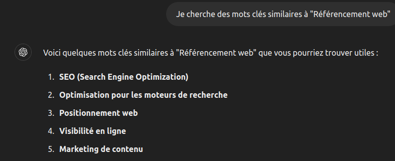 Réponse de ChatGPT pour des idées de mots clés